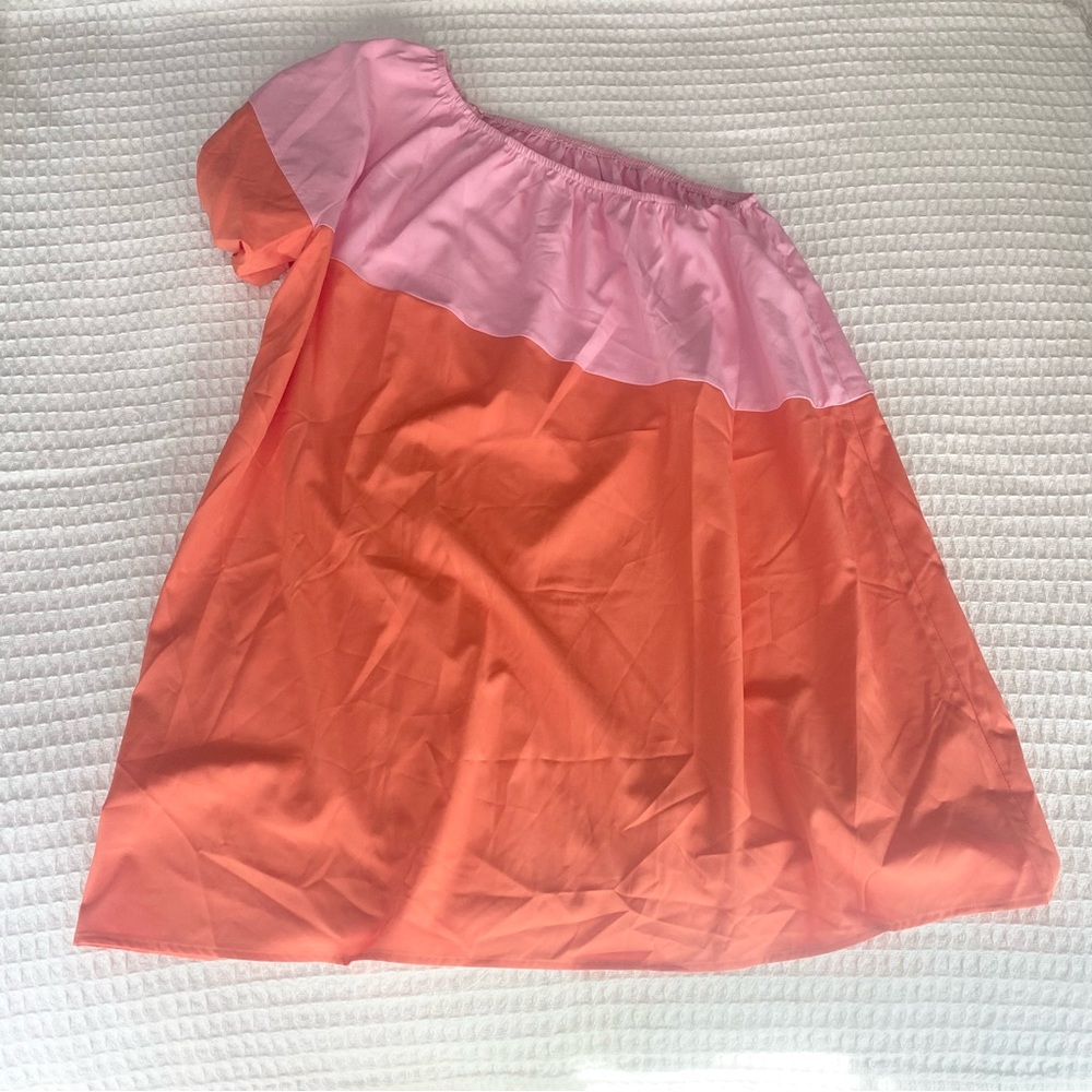 SHEIN pink and orange one shoulder puff sleeve dress